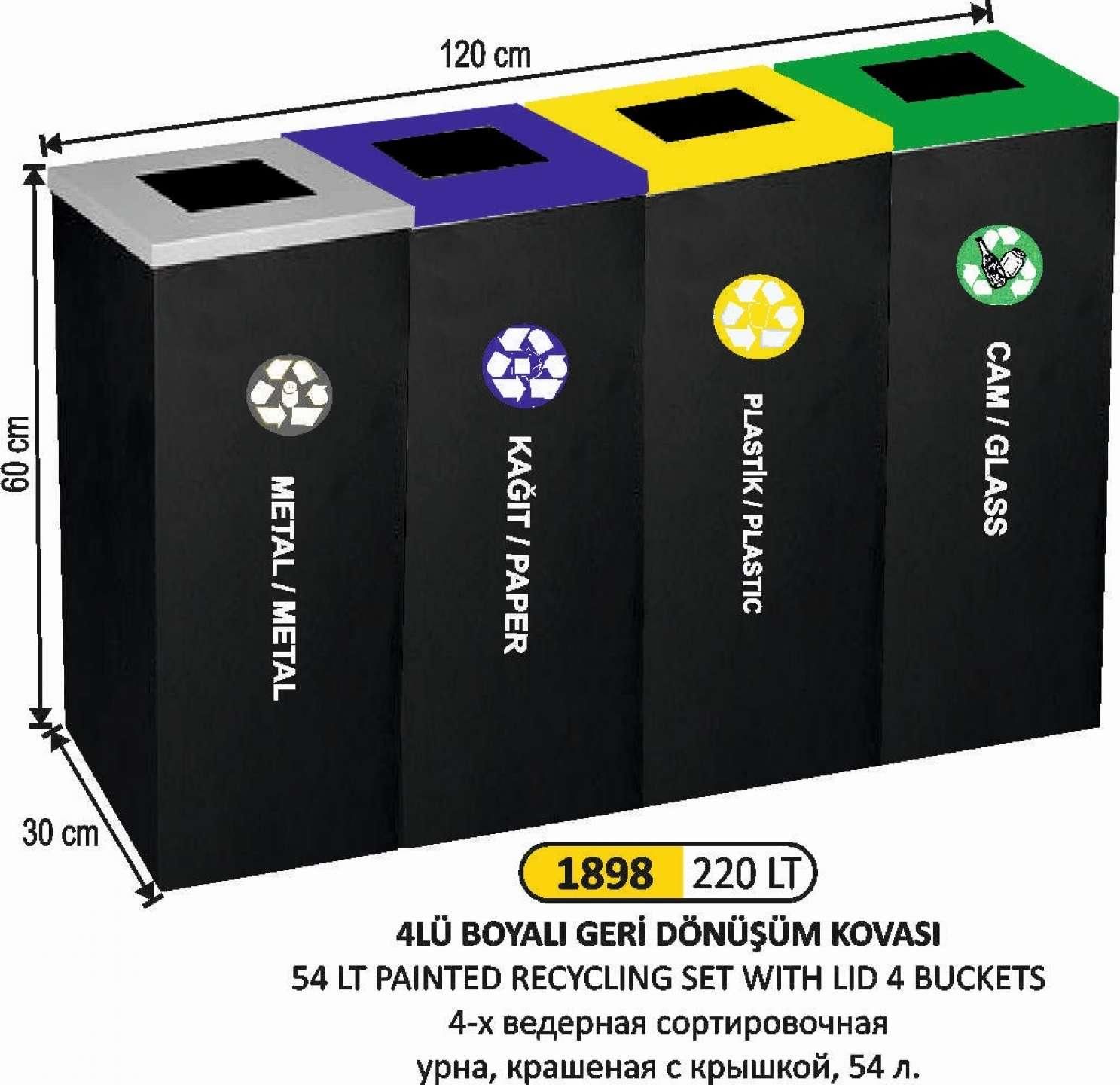GERİDÖNÜŞÜM KOVASI 4 LÜ BOYALI KAPAKLI 54 LİTRE