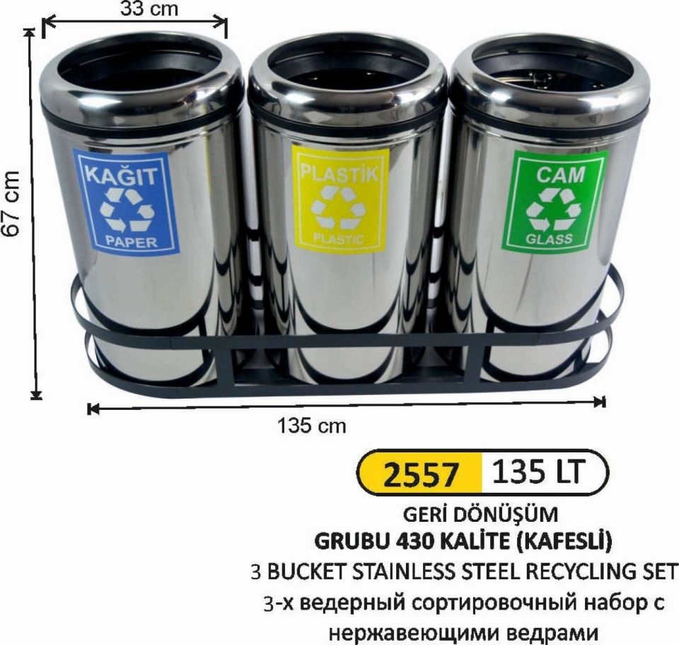 GERİ DÖNÜŞÜM KOVASI ÇEMBERLİ 3 LÜ PASLANMAZ 135 LİTRE