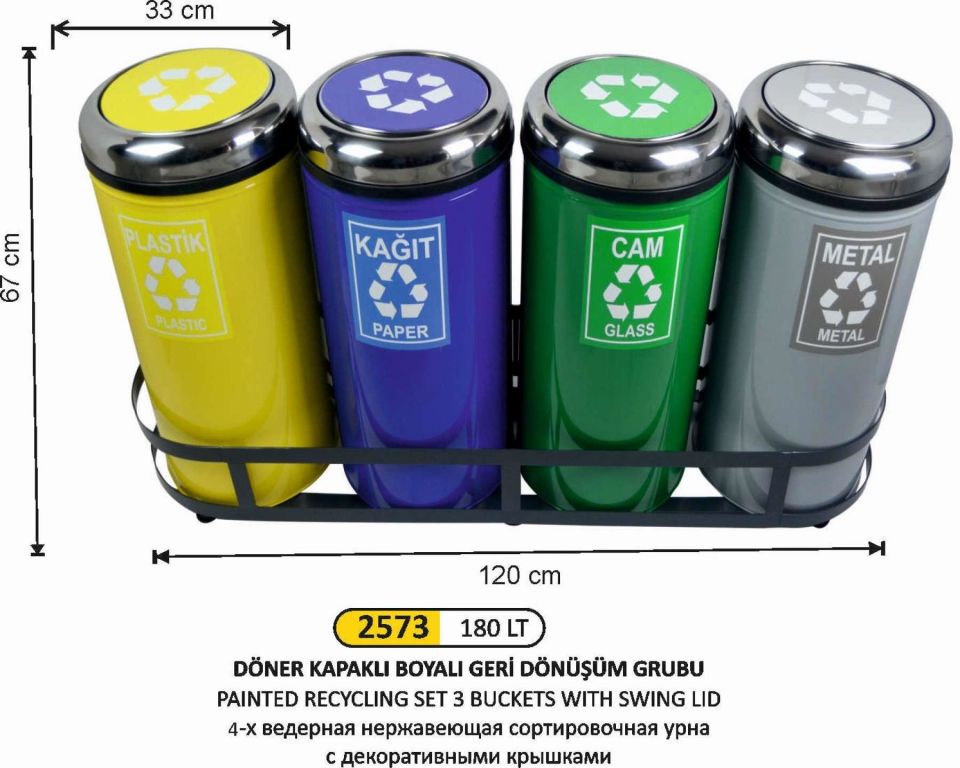 GERİ DÖNÜŞÜM KOVASI DÖNER KAPAKLI 4 LÜ  180 LİTRE