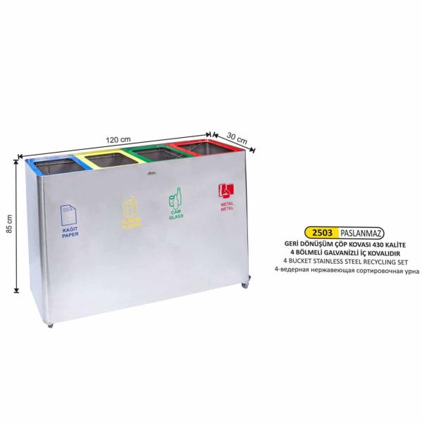 PASLANMAZ 430 KALİTE GERİ DÖNÜŞÜM SETİ 4 BÖLMELİ GALVANİZ İÇ KOVALI