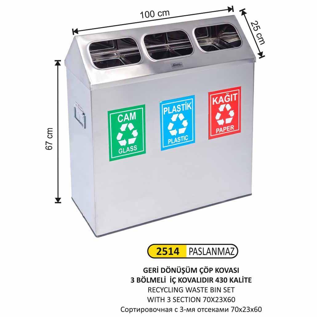 PASLANMAZ 430 KALİTE GERİ DÖNÜŞÜM ÇÖP KOVASI (ÇATI KAPAKLI, 3 BÖLMELİ, İÇ KOVALI)