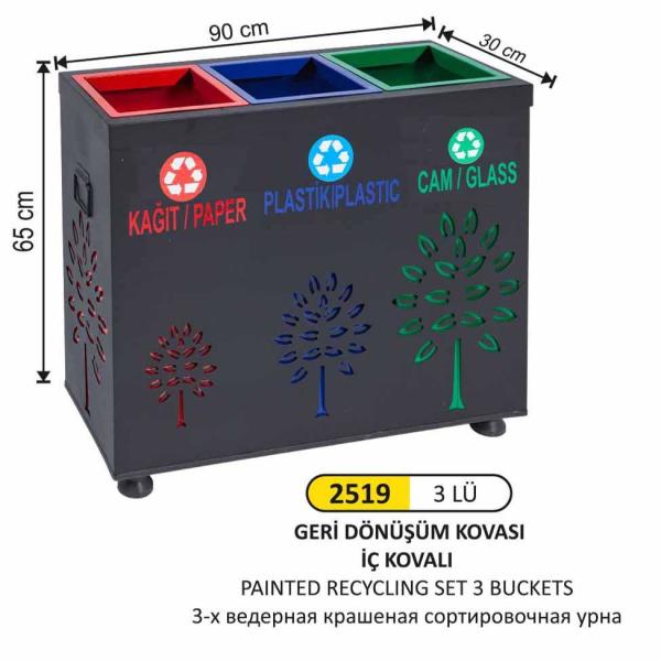 GERİ DÖNÜŞÜM KOVASI 3'LÜ (İÇ KOVALI, BOYALI, AĞAÇ DEKORLU)
