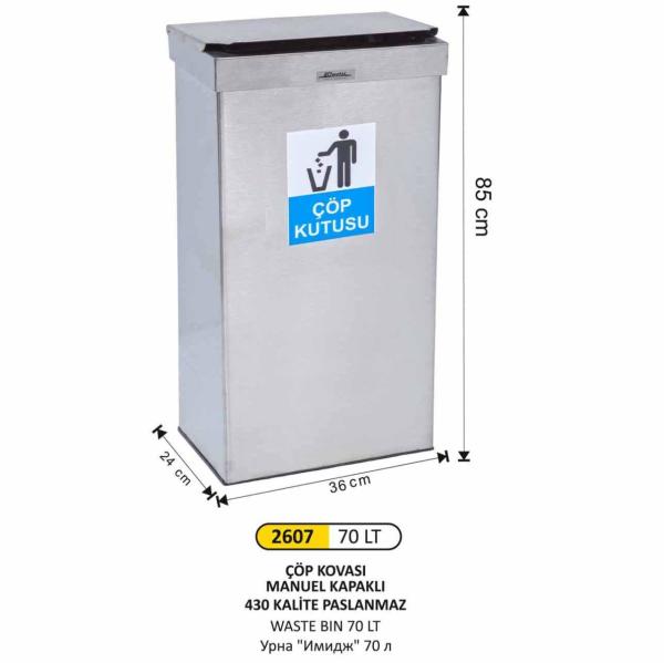 DİKDÖRTGEN MANUEL KAPAKLI ÇÖP KOVASI 70LT (PASLANMAZ, 430 KALİTE)