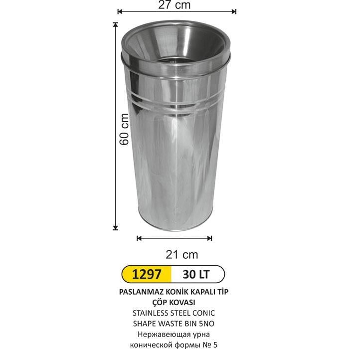 30 LT PASLANMAZ KONİK KAPALI TİP ÇÖP KOVASI