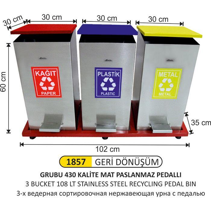 ÜÇ BÖLMELİ KARE Pedallı GERİ DÖNÜŞÜM SETİ