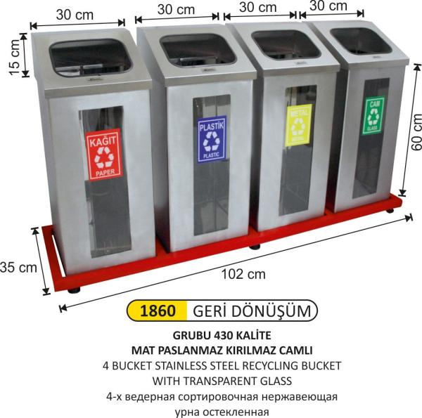 4 BÖLMELİ KIRILMAZ CAMLI MAT PASLANMAZ GERİ DÖNÜŞÜM SETİ