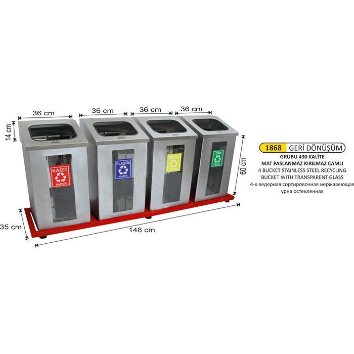 4 BÖLMELİ ŞEFFAF CAMLI MAT PASLANMAZ GERİ DÖNÜŞÜM SETİ