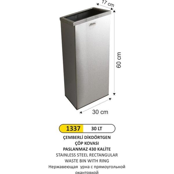 30 LT ÇEMBERLİ DİKDÖRTGEN PASLANMAZ ÇÖP KOVASI