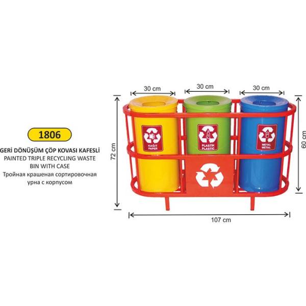 3 BÖLMELİ KAFESLİ GERİ DÖNÜŞÜM SETİ BOYALI
