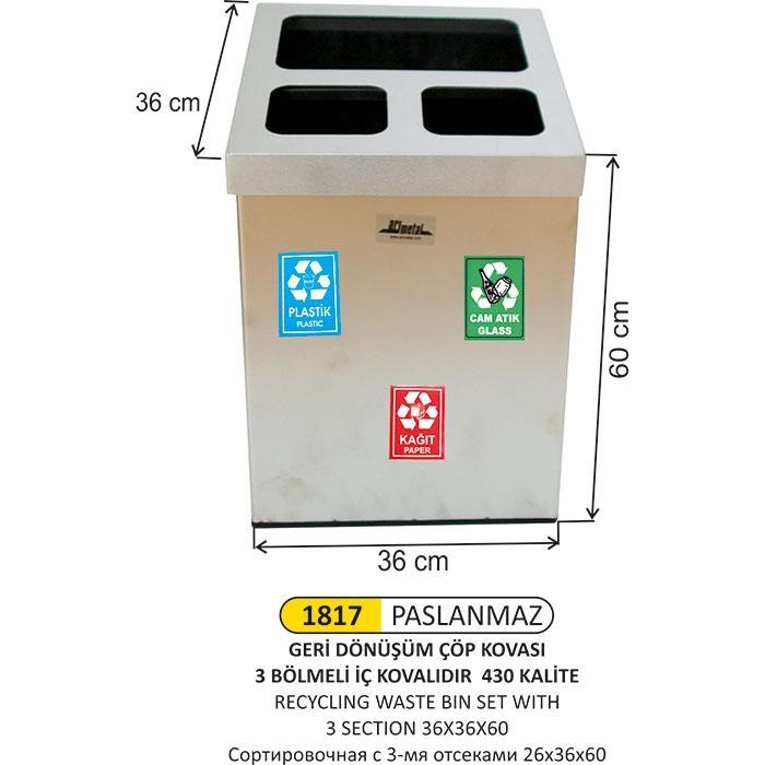 3 BÖLMELİ GERİ DÖNÜŞÜM ÇÖP KOVASI PASLANMAZ