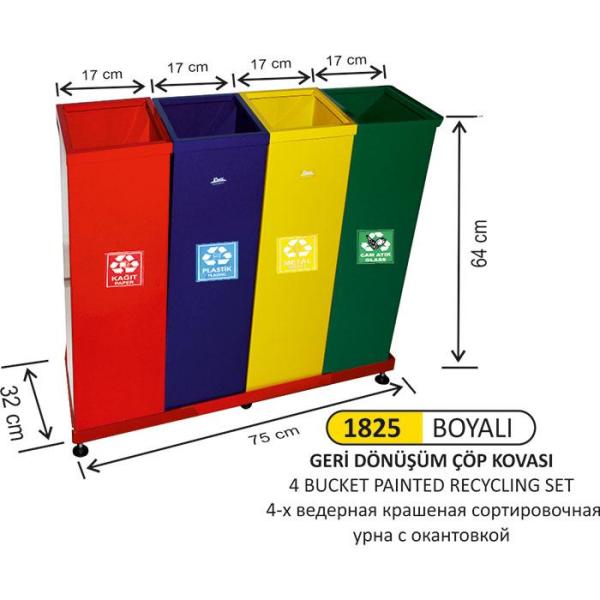 4 BÖLMELİ GERİ DÖNÜŞÜM SETİ BOYALI