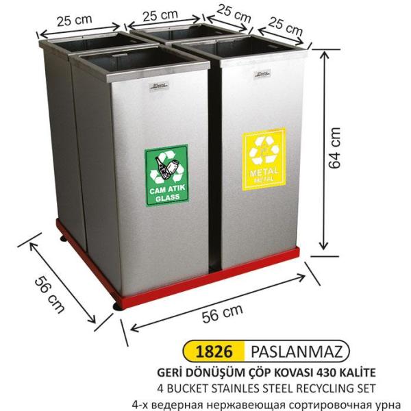 4 BÖLMELİ GERİ DÖNÜŞÜM SETİ PASLANMAZ