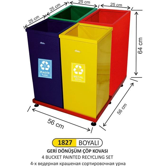 4 BÖLMELİ GERİ DÖNÜŞÜM SETİ BOYALI