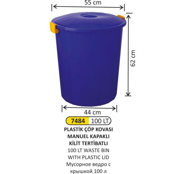 100 LT PLASTİK ÇÖP KOVASI MANUEL KAPAKLI KİLİT TERTİBATLI