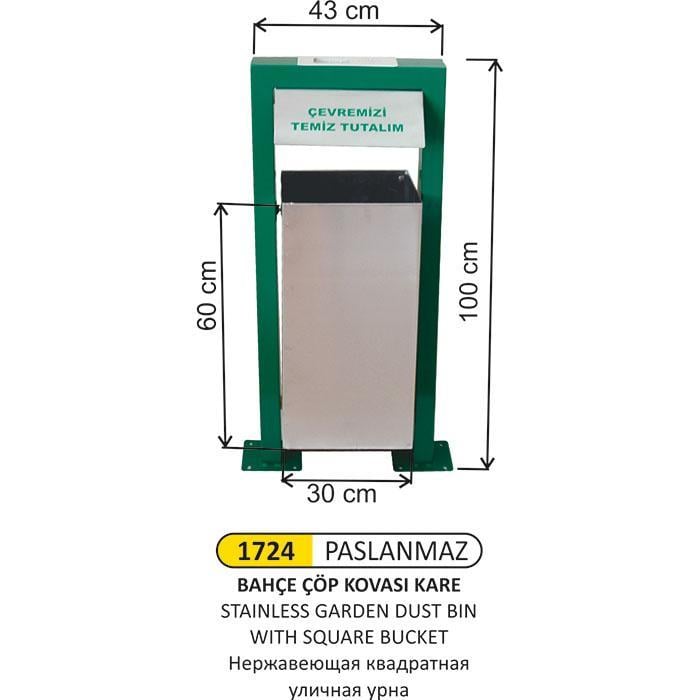 KARE BAHÇE TİPİ PASLANMAZ ÇÖP KOVASI