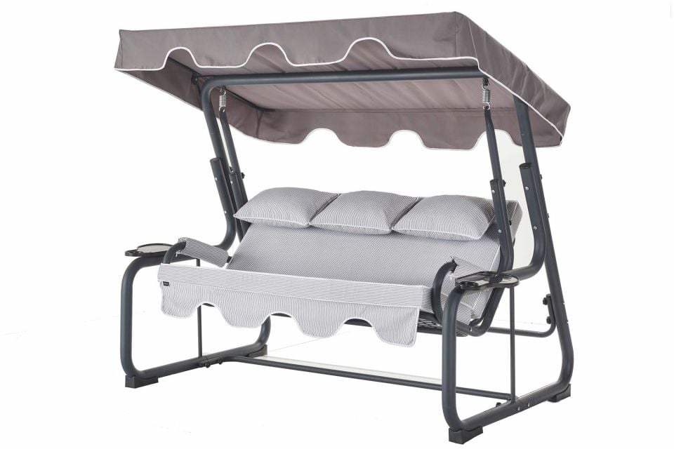 Vitis 3 Kişilik Bahçe Balkon Teras Salıncağı - Minder: Gri Çizgili Tente: Gri