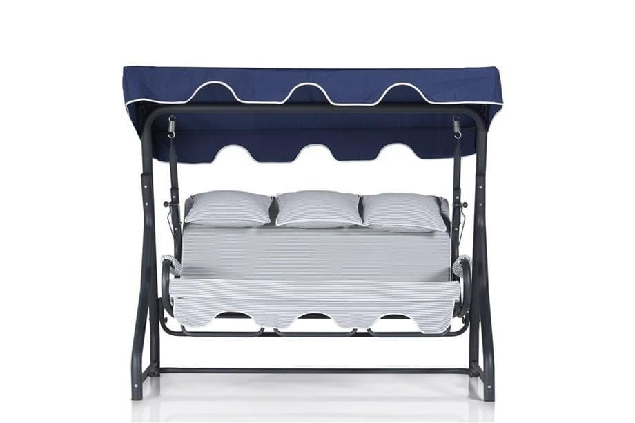 Salvia 3 Kişilik Bahçe Balkon Teras Salıncağı - Minder: Lacivert Çizgili Tente: Lacivert